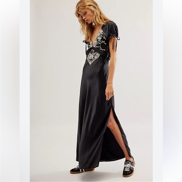 Free People Dresses & Skirts - Free people black Cooper lace trim satin maxi dress
